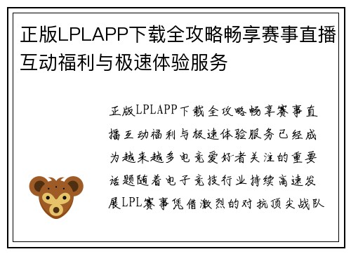 正版LPLAPP下载全攻略畅享赛事直播互动福利与极速体验服务